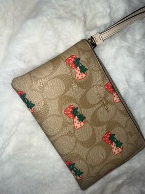 Coach Strawberry Print Signature Canvas Wristlet - Tan & Red